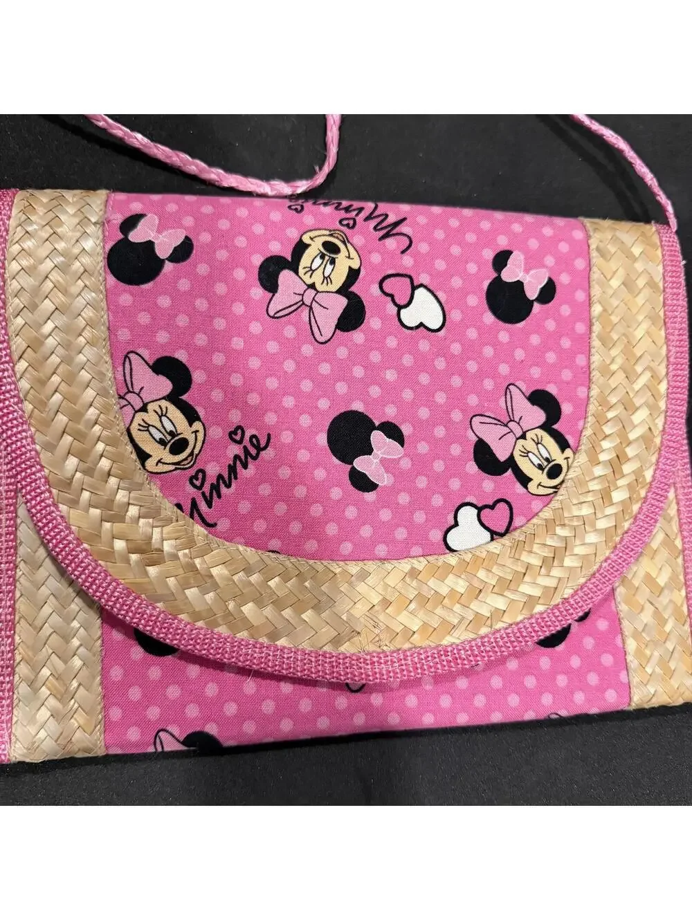 Pink Minnie Mouse Crossbody Bag with Woven Straw Accents